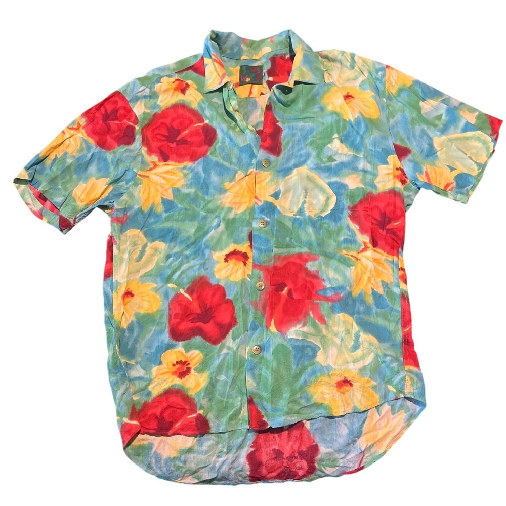 Vintage Abstract Floral Jams World Rayon Button Up Hawaiian Shirt Size Small Vtg